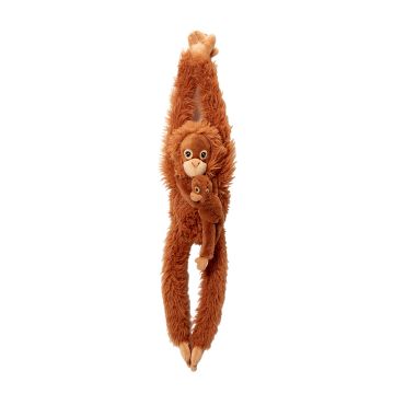 The orangutan toy is shown hanging full length with its hands Velcroed together and its legs dangling down. 