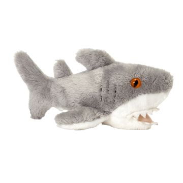 A side view of the toy, showing its grey fins, tail and head. The eye is amber and the mouth and teeth are white.