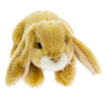 The light brown toy faces forward. The long ears are either side of its face, which has a white mouth. The front legs are below the face.