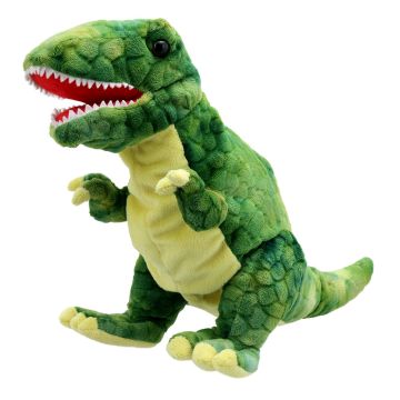 The soft toy stands on its two legs facing left. The head, body, legs and tail are green with a scale pattern. The belly and claws are pale green. The mouth is red inside with rows of white triangular teeth.