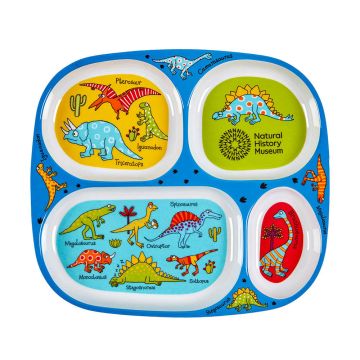 An overhead shot of the blue tray. The top row has two medium-size compartments, the bottom row has the largest compartment on the left and the smallest on the right. They all feature illustrations of dinosaurs.