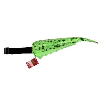 A side view of the green costume tail. There are green triangular scales along the spine and the tail has black scales on it. It is attached to an adjustable black belt.