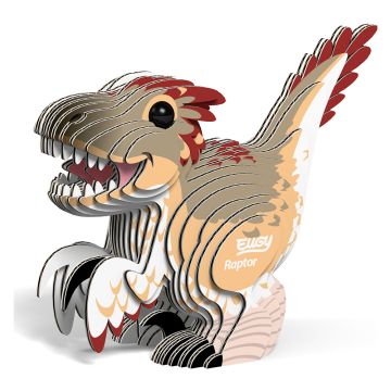 Side-on view of the completed raptor model, with its white, yellow, brown and red colourings.