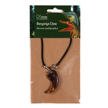 The Baryonyx claw pendant hangs on the black thread necklace and is displayed in its packaging. 