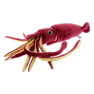 The giant squid toy is spread out and is entirely dark red, except for the insides of its limbs, which are cream. The large eye is yellow and black.