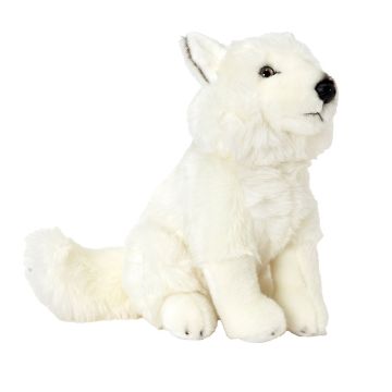 Side on view of the Arctic Wolf Soft Toy positioned sitting down, showing its tail.
