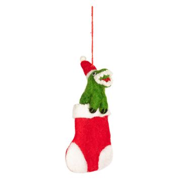 The top half of the green body of the T. rex emerges from the red and white stocking. The T. rex wears a Santa-style hat.