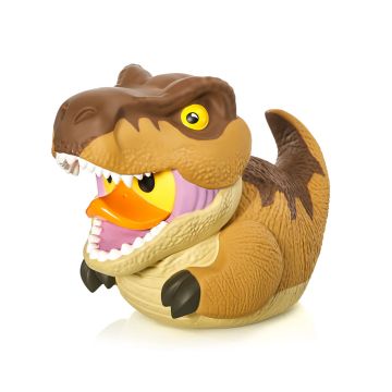 A side on image of the T. rex Tubbz, facing left. The T. rex has a cream belly, the sides of its body are light brown and the top side is dark brown. The claws are black and the eye is bright yellow.