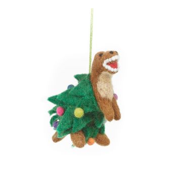 The Tree Rex Christmas Decoration hanging by its green thread. The wool-felt brown body is wrapped in a Christmas tree covered in baubles.