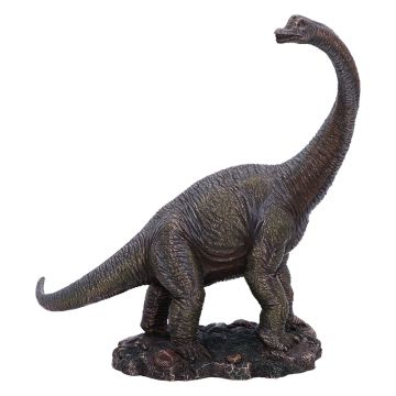 Right side of the Brachiosaurus Replica Model. The dinosaur curves its head backwards towards its tail. It stands on a rock-like stand.