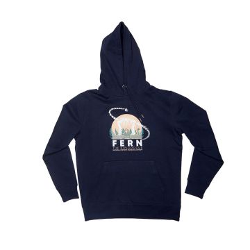 The navy-blue hoodie is laid flat against a white background, with the sleeves bent at the elbow. On the chest is the Fern logo featuring a white Diplodocus skeleton against a pale sun.