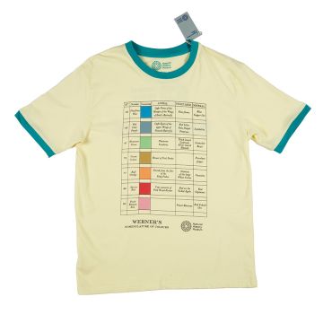 The front of the cream t-shirt, which is trimmed with blue on the collar and sleeve. It features a table of colour swatches, with descriptions as to how they're found in nature.