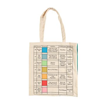 The cream tote bag showing the table of colour swatches and their descriptions.