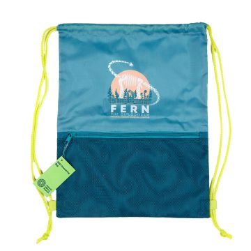 The teal Fern Trainer Bag showing the Fern logo above the dark-teal front zipped pouch and lime-yellow cord drawstrings.