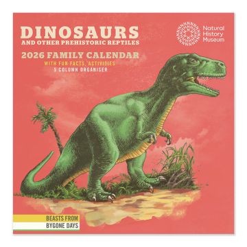 The front of the Dinosaurs Family Calendar 2026 with an illustration of a T. rex.
