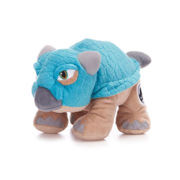 Bumpy stands on all four legs facing left. Its face and top side are bright blue with a scaley pattern. Its two horns, nose, tail and claws are grey.