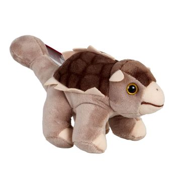A side view of the Ankylosaurus Soft View, showing its dark brown back, light brown body and amber-ringed eye. The triangles along its spine and sides represent the dinosaur's bony plates.