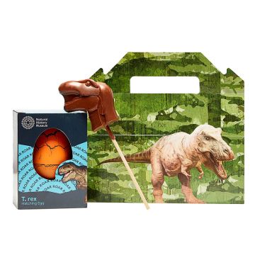 The T. rex Easter Bundle with the contents of the bundle positioned in front of the T. rex card box. The contents are the T. rex hatching egg and the chocolate T. rex lolly.