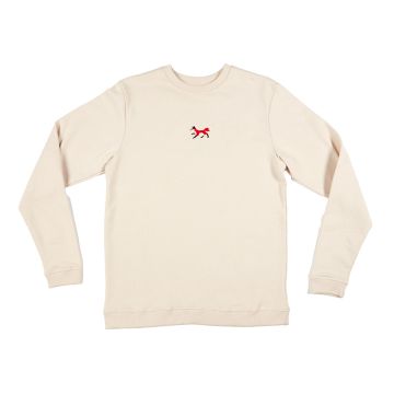 The front of the cream sweatshirt. In the middle of the chest is a small embroidered fox.