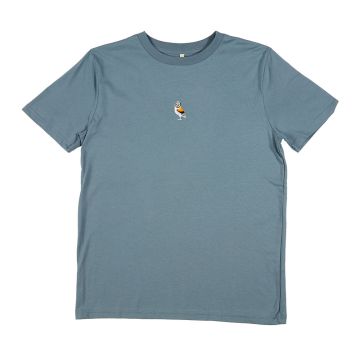 The front of the petrol-blue owl t-shirt. In the middle of the chest is a small embroidered owl.