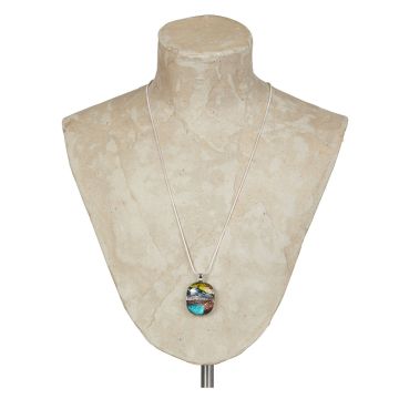 The silver-plated necklace is displayed on a shoulder bust. The round pendant is a mix of colours, including blue, yellow, grey and orange.
