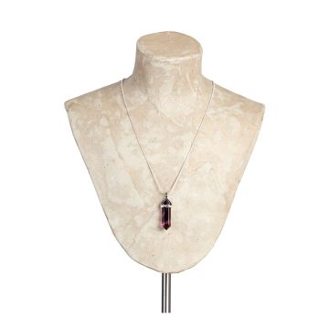Fluorite Smooth Point Pendant Necklace displayed on a cream-coloured shoulder bust.