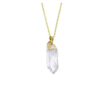 A close up of the translucent quartz pendant with its gold-plated top, bail (attachment) and chain.