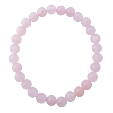 The Rose Quartz Round Bead Bracelet is on a white background. The circle of pale pink beads are equal in size and all shaped like small balls.