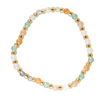 The bracelet is laid on a white background. The pale green, pale orange, white, pale blue and pale pink stones are each separated by gold-coloured beads.