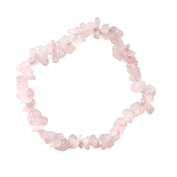 The Rose Quartz Chip Bracelet is on a white background. Each pale pink stone bead is a different shape.