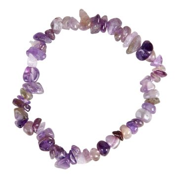 The Amethyst Chip Bracelet is on a white background. Each stone bead is a different different shape and shade of purple.