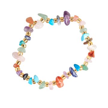 The bracelet is laid on a white background. The pale green, orange, white, pink, dark and bright blue stones are each separated by gold-coloured beads.
