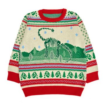 The jumper’s front pattern shows a skeleton of Fern the Diplodocus in green, against a white background. The collar, hem and cuffs are bright red and there’s a row of green dinosaur skulls alternating with fir trees.