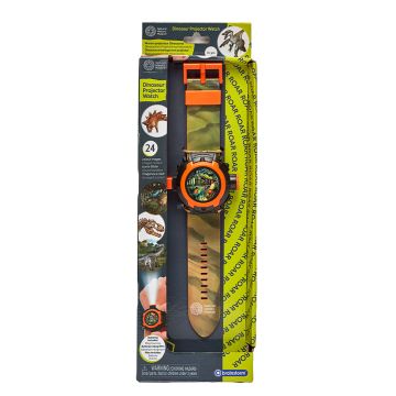 The green and orange watch shown in its green and blue packaging, which has examples of the projected images.