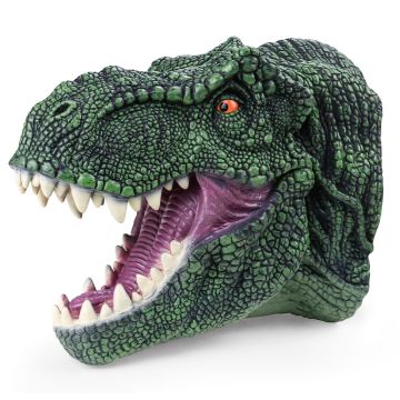 Tyrannosaurus rex Hand Puppet with its head facing left, showing the green, scaley head, white teeth and orange eye.