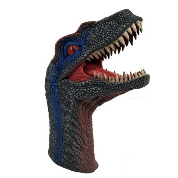 Velociraptor Hand Puppet showing its blue-green scales, white teeth and orange eye.