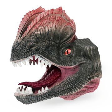 Dilophosaurus Hand Puppet showing its double-crested head, white teeth and red eye.