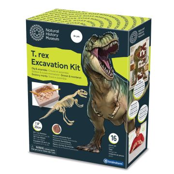 The T. rex Excavation Kit packaging showing the contents, the completed skeleton and an illustration of a T. rex.