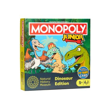 The front of the Monopoly Junior Dinosaur Edition board game packaging features illustrations of prehistoric animals.