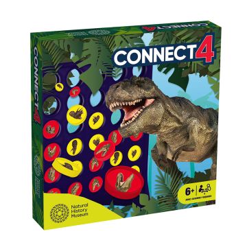 The game's packaging has a picture of a T. rex surrounded by leaves on it, next to it is the Connect 4 frame with some counters dropped into place.
