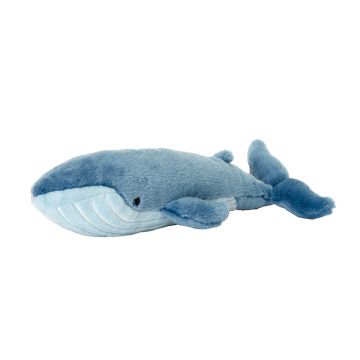 A side view of the toy with its tail on the left. The body is dark blue and the lower part of the mouth and belly light blue.