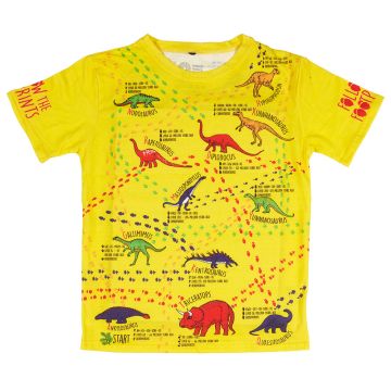 The yellow cotton t-shirt with the front design showing of different coloured dinosaurs and their tracked footprints.