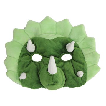 Front-on image of the green-coloured Triceratops Costume Face Mask showing its white horns.