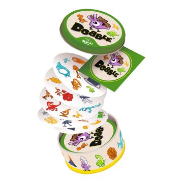 The Dobble game is shown as if someone has dropped the bottom of the round tin they come in and the cards inside are all stacked above it in mid-air.