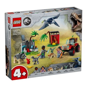 The front and side view of the rectangular box packaging shows the completed build styled in a volcanic, grassy landscape. The minifigures and dinosaur figures are listed at the bottom with their photograph.