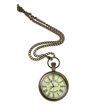 The antique-brass style pocket watch showing a time of 7.55 is shown with its chain.