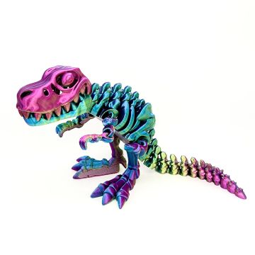 The model stands on its back two legs facing left. The colour of the model changes from a purple skull to a blue body and yellow and purple tail. 