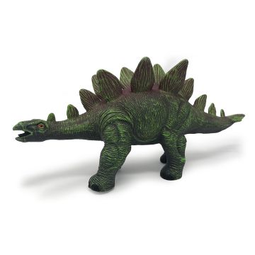 The green and brown coloured Stegosaurus model stands facing left, so that its armoured spine is in profile.