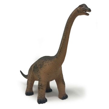 The Brachiosaurus stands with its long, brown neck facing right.