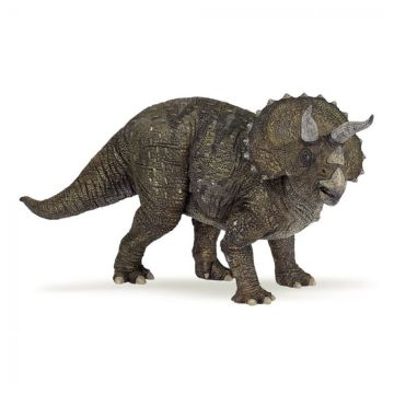 A side-on view of the model against a white background. The grey horns and parrot-like mouth and brown neck frill are prominent.